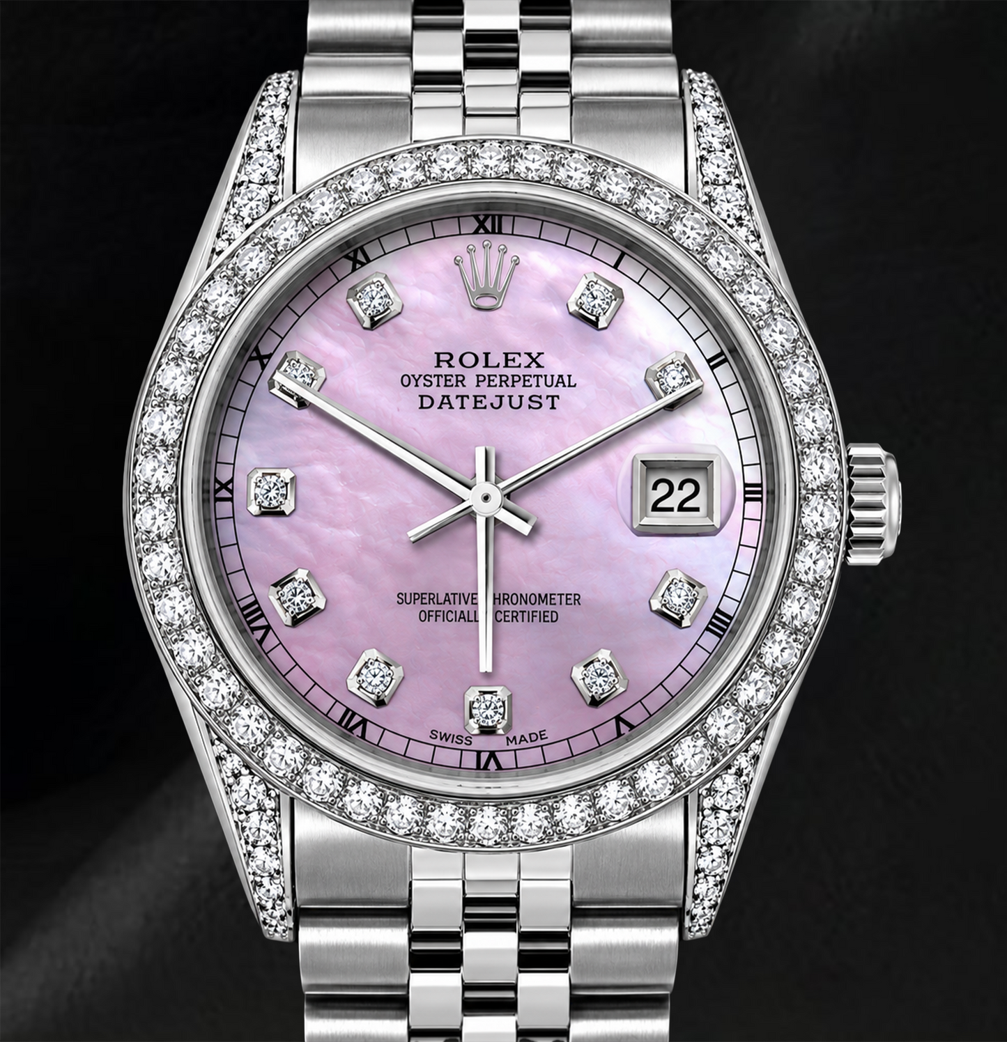 Rolex 16200 Datejust 36 mm Edelstahl-Uhr mit rosa Diamantzifferblatt und Diamantlünette