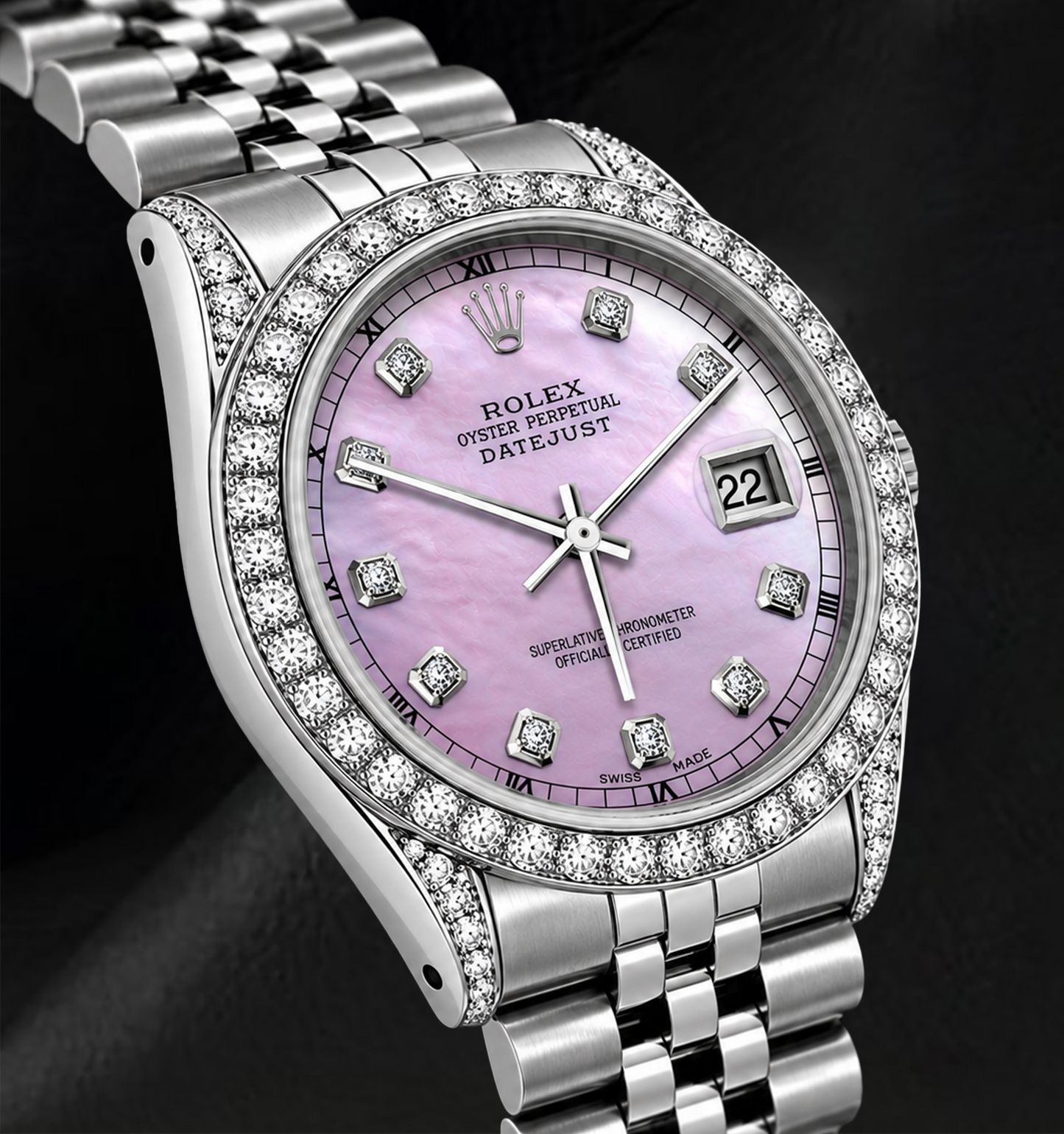 Rolex 16200 Datejust 36 mm Edelstahl-Uhr mit rosa Diamantzifferblatt und Diamantlünette