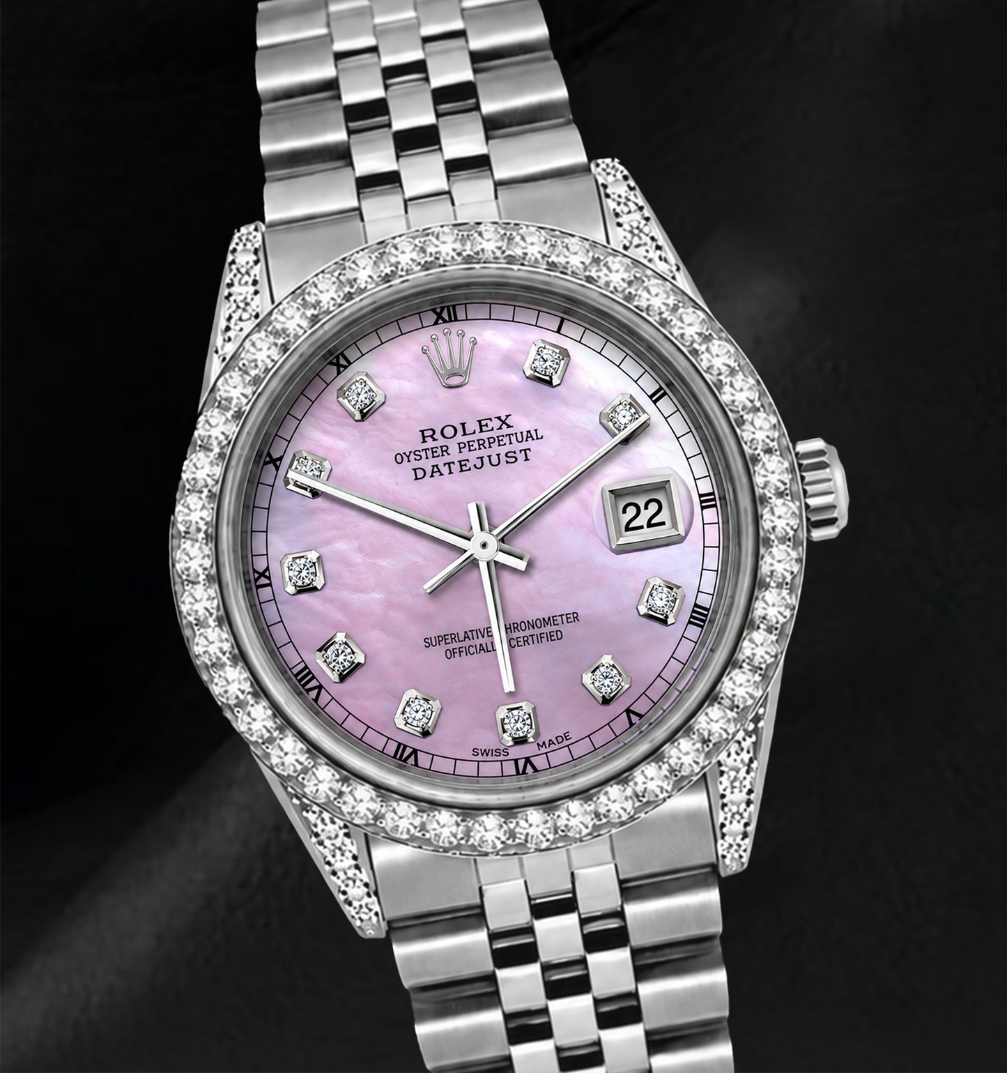 Rolex 16200 Datejust 36 mm Edelstahl-Uhr mit rosa Diamantzifferblatt und Diamantlünette