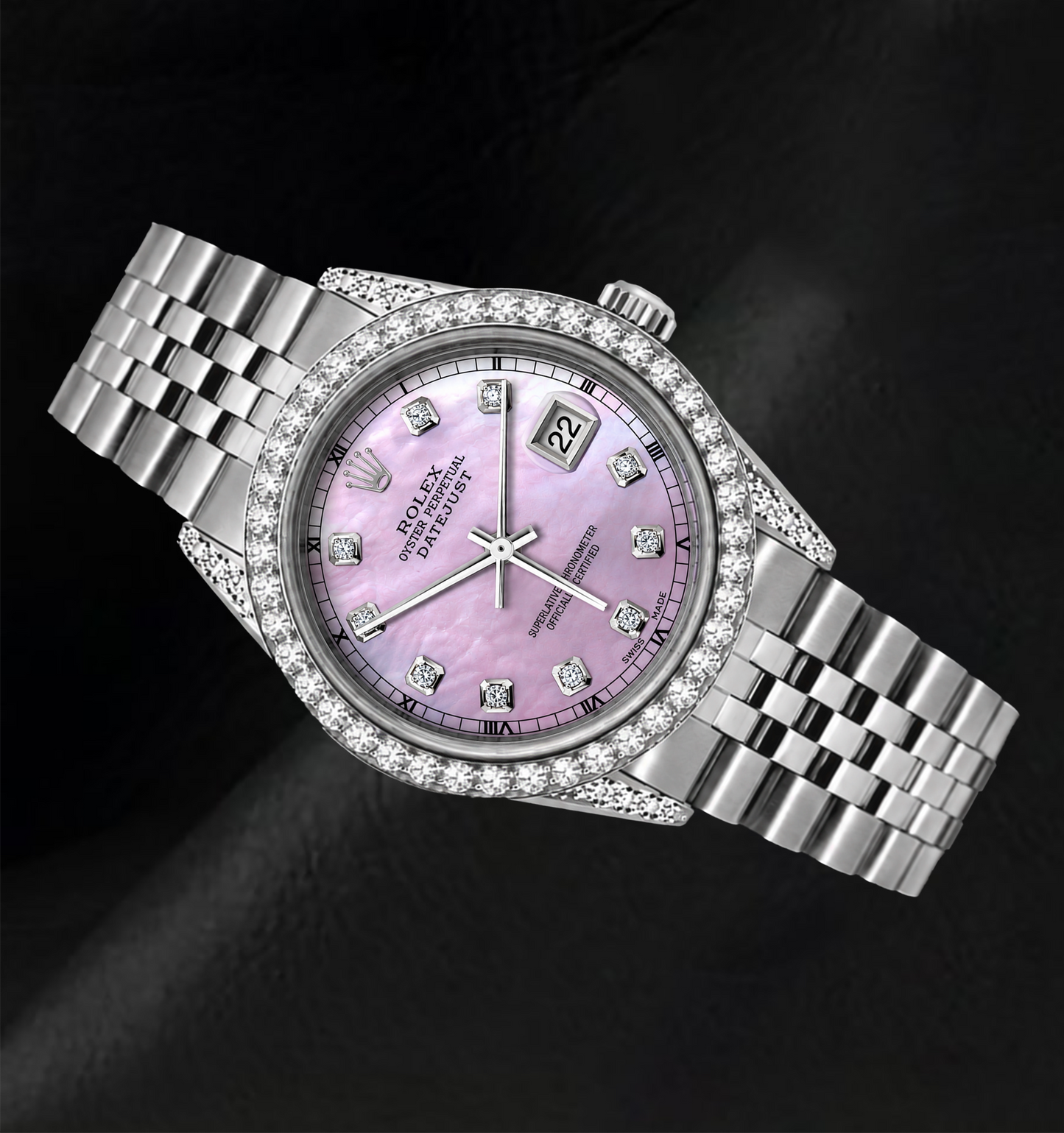 Rolex 16200 Datejust 36 mm Edelstahl-Uhr mit rosa Diamantzifferblatt und Diamantlünette