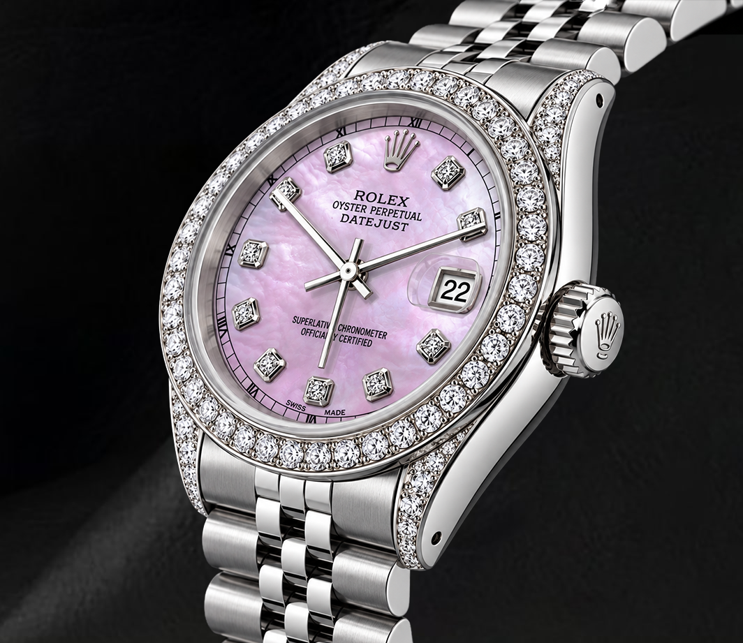 Rolex 16200 Datejust 36 mm Edelstahl-Uhr mit rosa Diamantzifferblatt und Diamantlünette