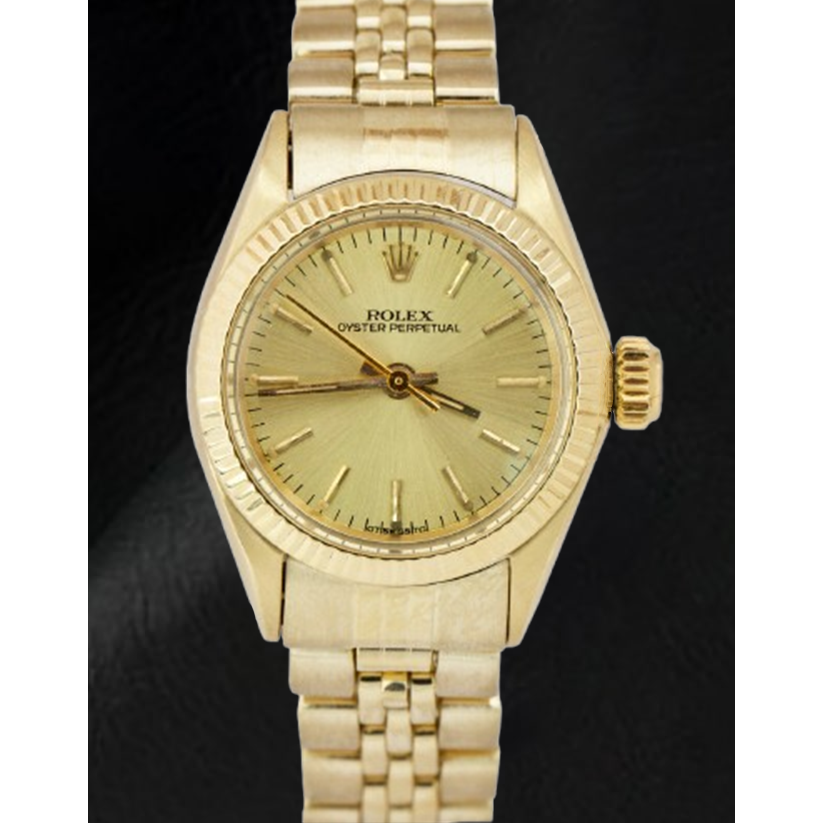 Rolex 24 mm Gelbgold-Uhr mit champagnerfarbenem Stabzifferblatt