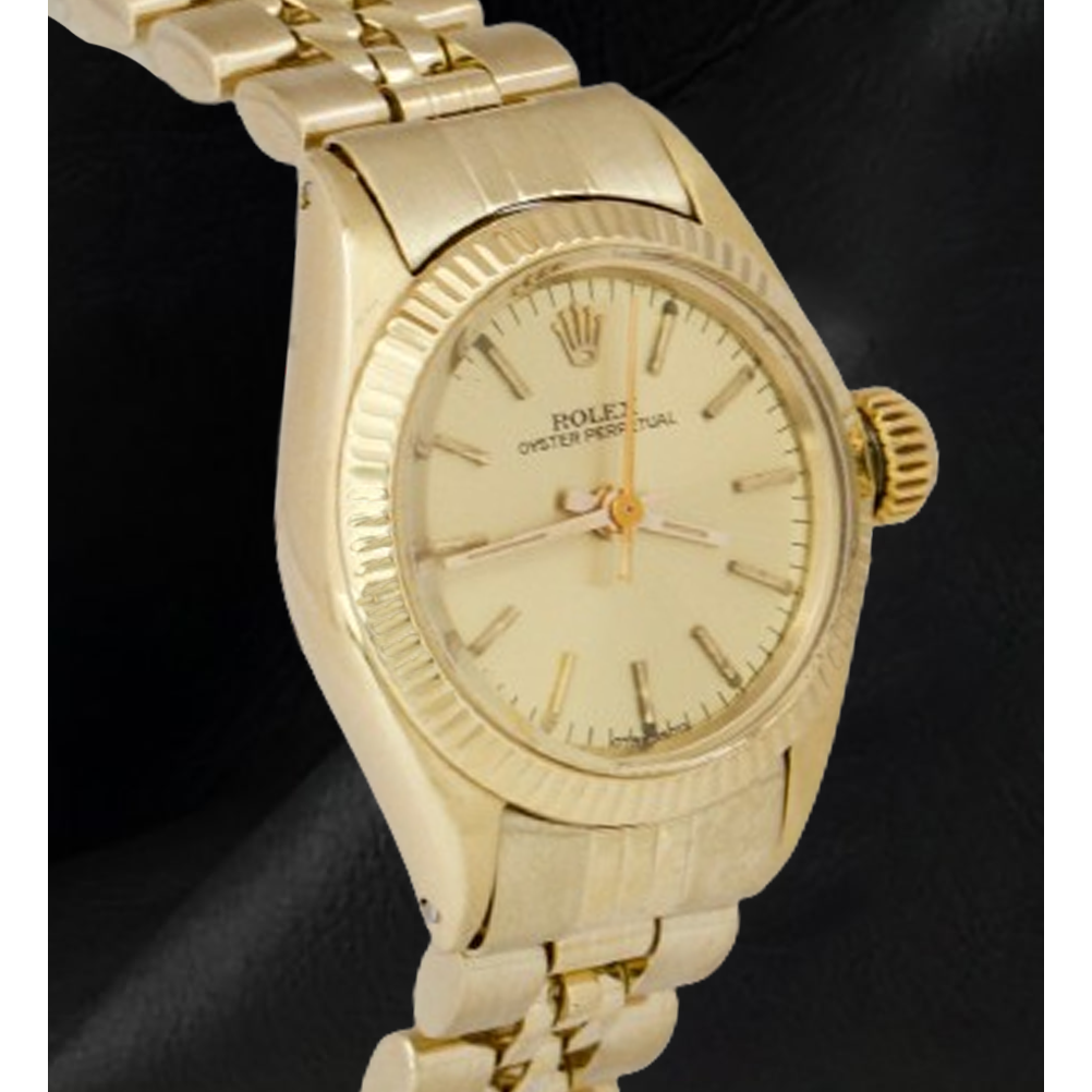 Rolex 24 mm Gelbgold-Uhr mit champagnerfarbenem Stabzifferblatt