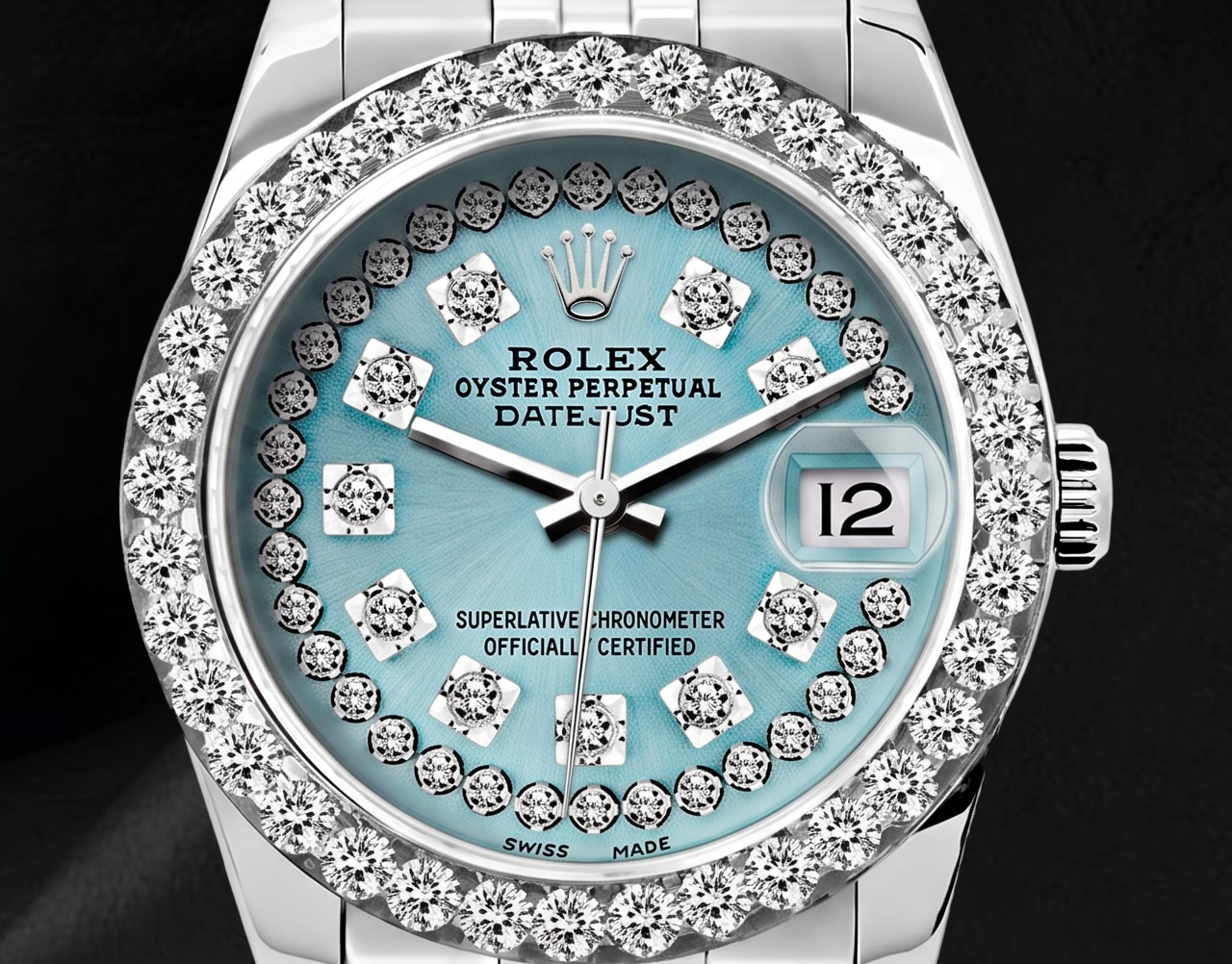 Rolex Datejust 26 mm 6916 Edelstahluhr mit eisblauem Diamantzifferblatt mit Diamantkranz