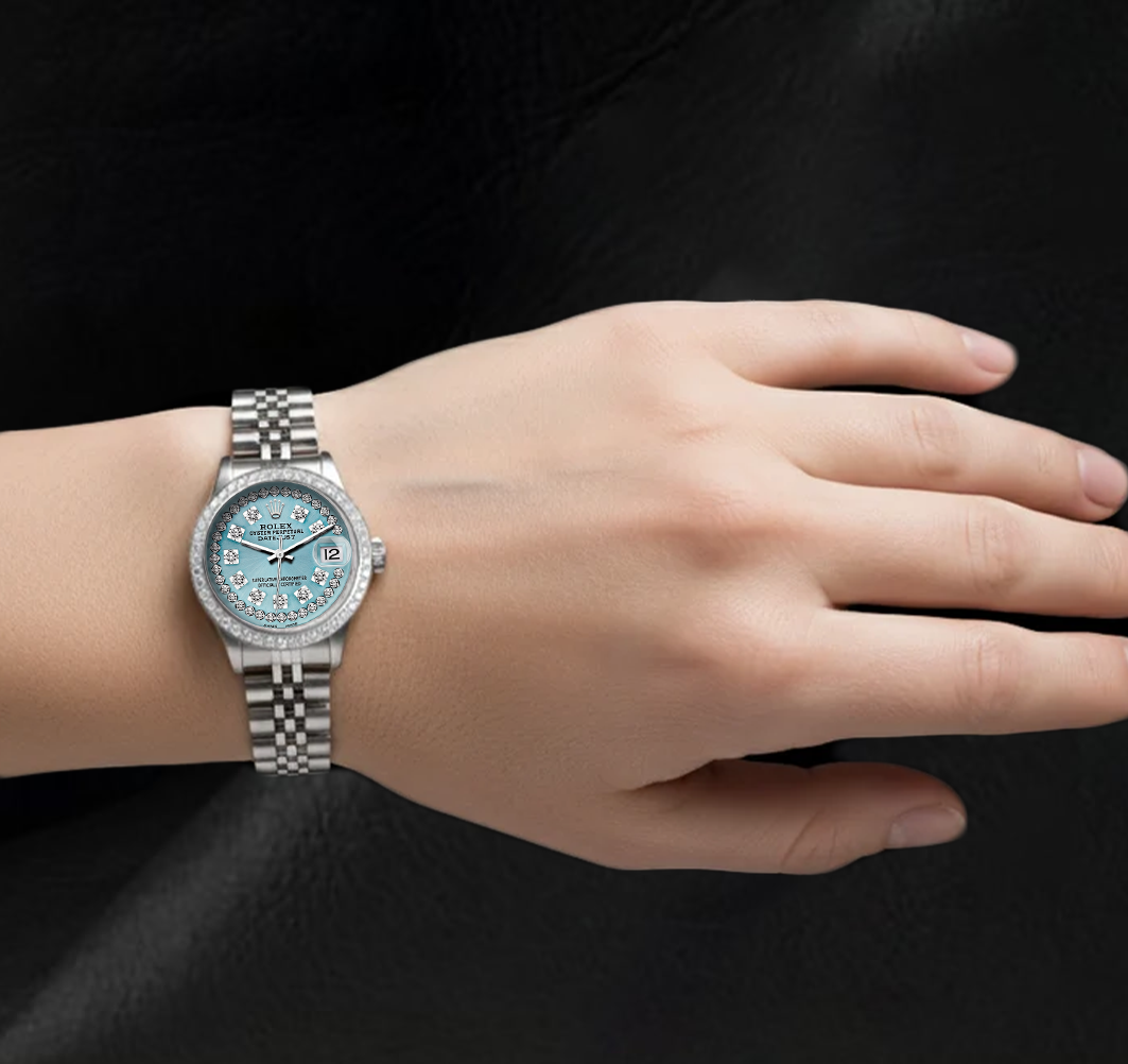 Rolex Datejust 26 mm 6916 Edelstahluhr mit eisblauem Diamantzifferblatt mit Diamantkranz