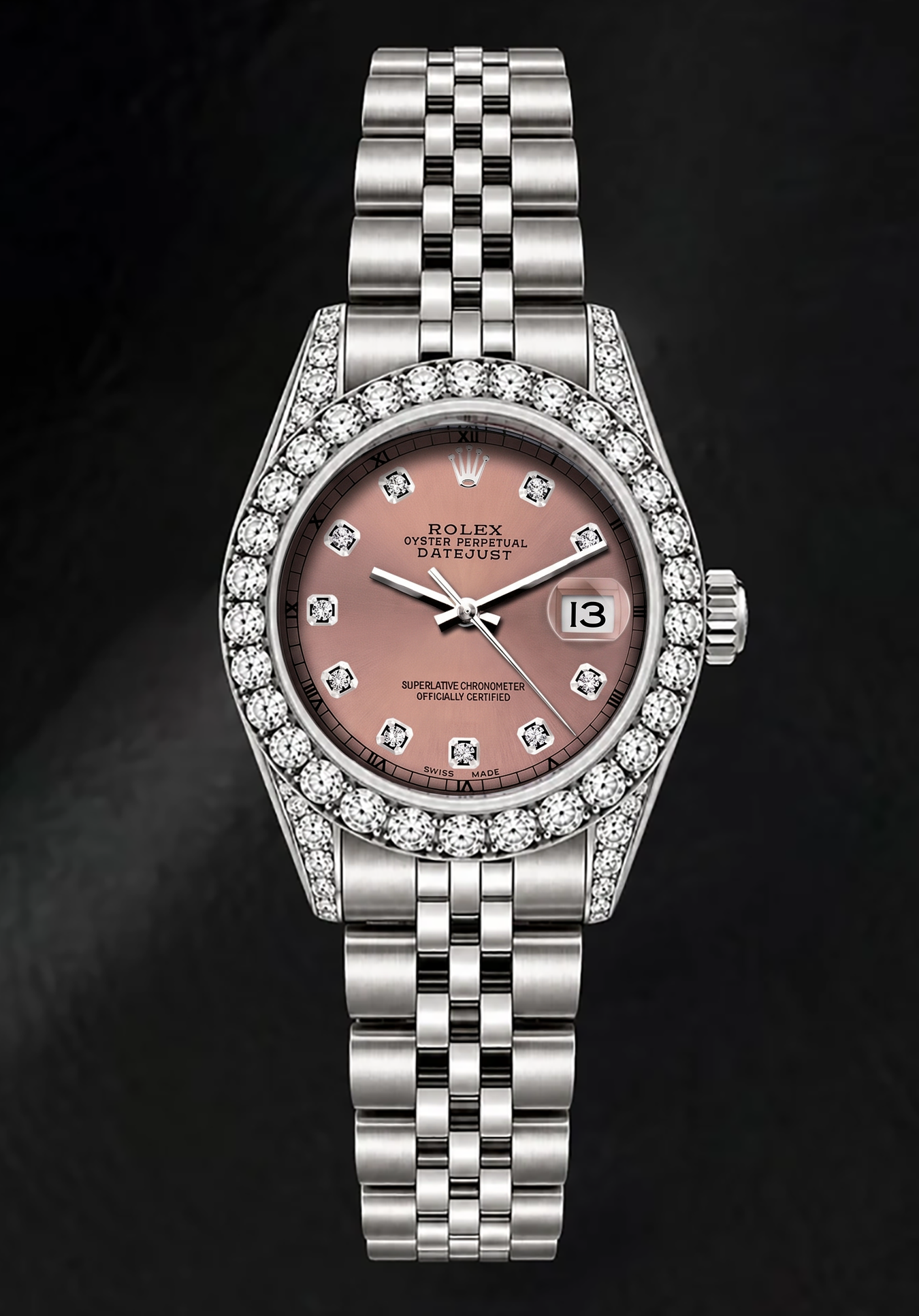 Rolex Datejust 26 mm 6916 Uhr aus Edelstahl mit lachsfarbenem Diamantzifferblatt und Diamantlünette