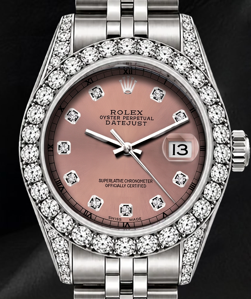 Rolex Datejust 26 mm 6916 Uhr aus Edelstahl mit lachsfarbenem Diamantzifferblatt und Diamantlünette