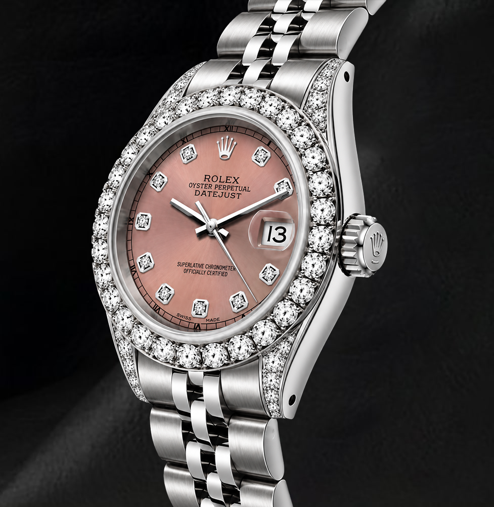 Rolex Datejust 26 mm 6916 Uhr aus Edelstahl mit lachsfarbenem Diamantzifferblatt und Diamantlünette