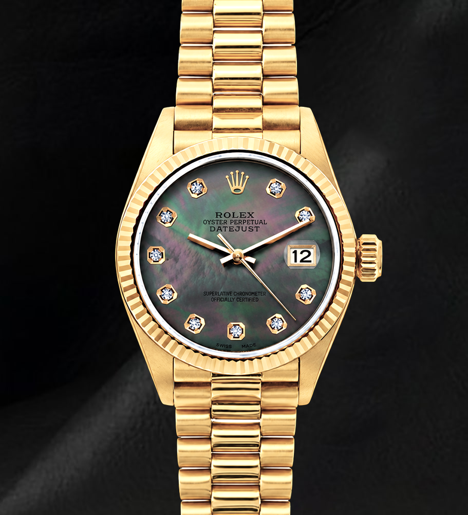 Rolex 26 mm Datejust 69178 Uhr aus 18 Karat Gold mit schwarzem Perlmutt-Diamantzifferblatt