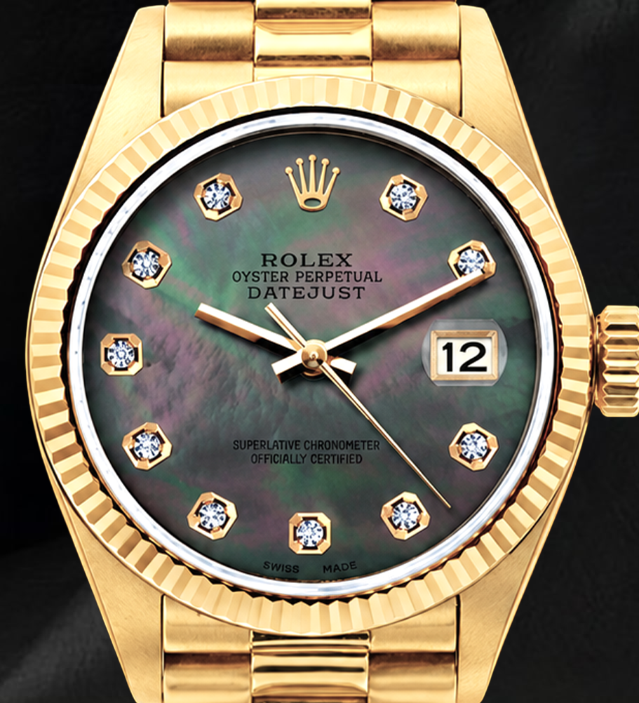 Rolex 26 mm Datejust 69178 Uhr aus 18 Karat Gold mit schwarzem Perlmutt-Diamantzifferblatt