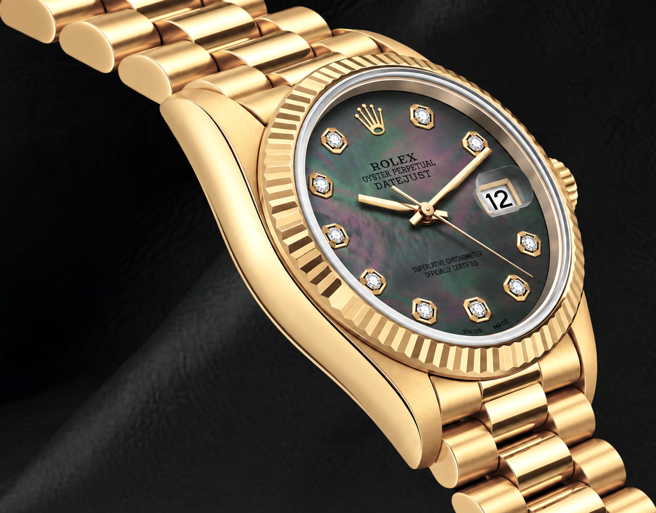 Rolex 26 mm Datejust 69178 Uhr aus 18 Karat Gold mit schwarzem Perlmutt-Diamantzifferblatt