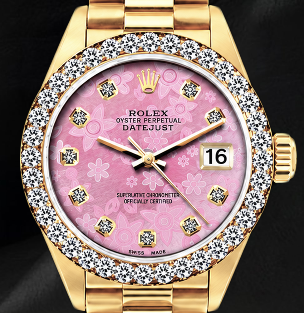 Rolex 26 mm Datejust 69178 18 Karat Uhr mit rosa Perlmutt-Diamantzifferblatt und President-Armband