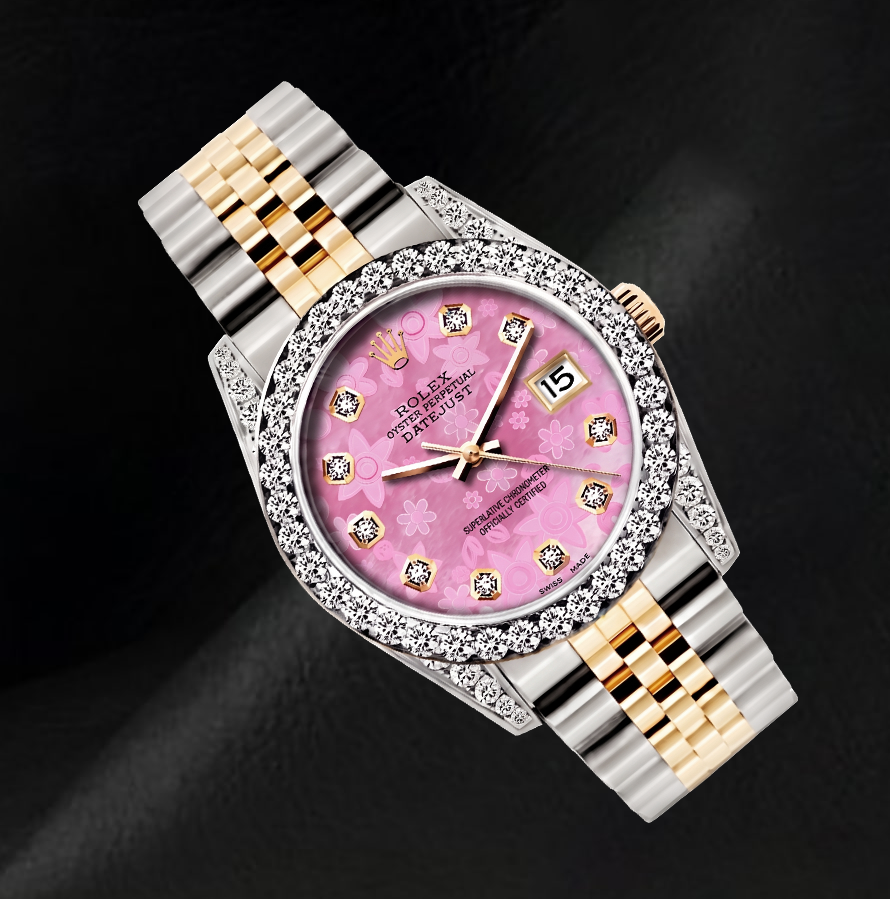 Rolex 26 mm Datejust 6917 Bicolor Uhr mit rosa floralem Diamantzifferblatt