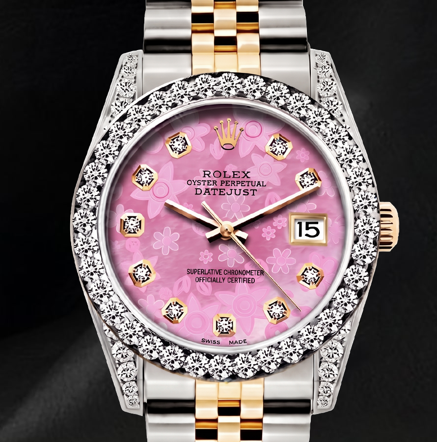 Rolex 26 mm Datejust 6917 Bicolor Uhr mit rosa floralem Diamantzifferblatt