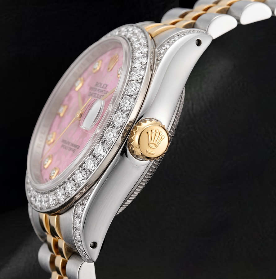 Rolex 26 mm Datejust 6917 Bicolor Uhr mit rosa floralem Diamantzifferblatt