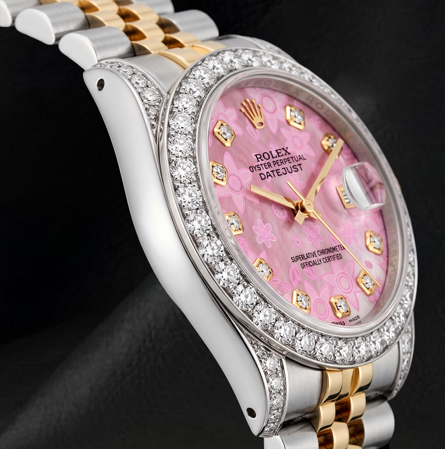 Rolex 26 mm Datejust 6917 Bicolor Uhr mit rosa floralem Diamantzifferblatt