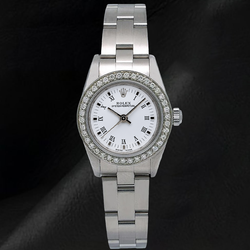 Rolex 26 mm Oyster Perpetual 67193 Edelstahluhr mit weißem Zifferblatt mit römischen Ziffern