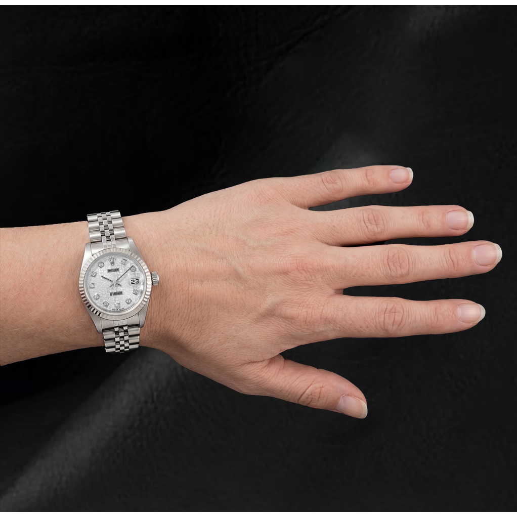 Rolex 26 mm Damenuhr Silbernes Diamantzifferblatt Jubilé-Armband Weißgold Jahr 2002