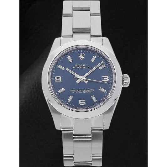 Rolex 31 mm Edelstahluhr mit blauem arabischen Zifferblatt