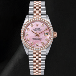 Rolex 31 mm Bicolor-Uhr mit rosa Perlmutt-Diamantzifferblatt