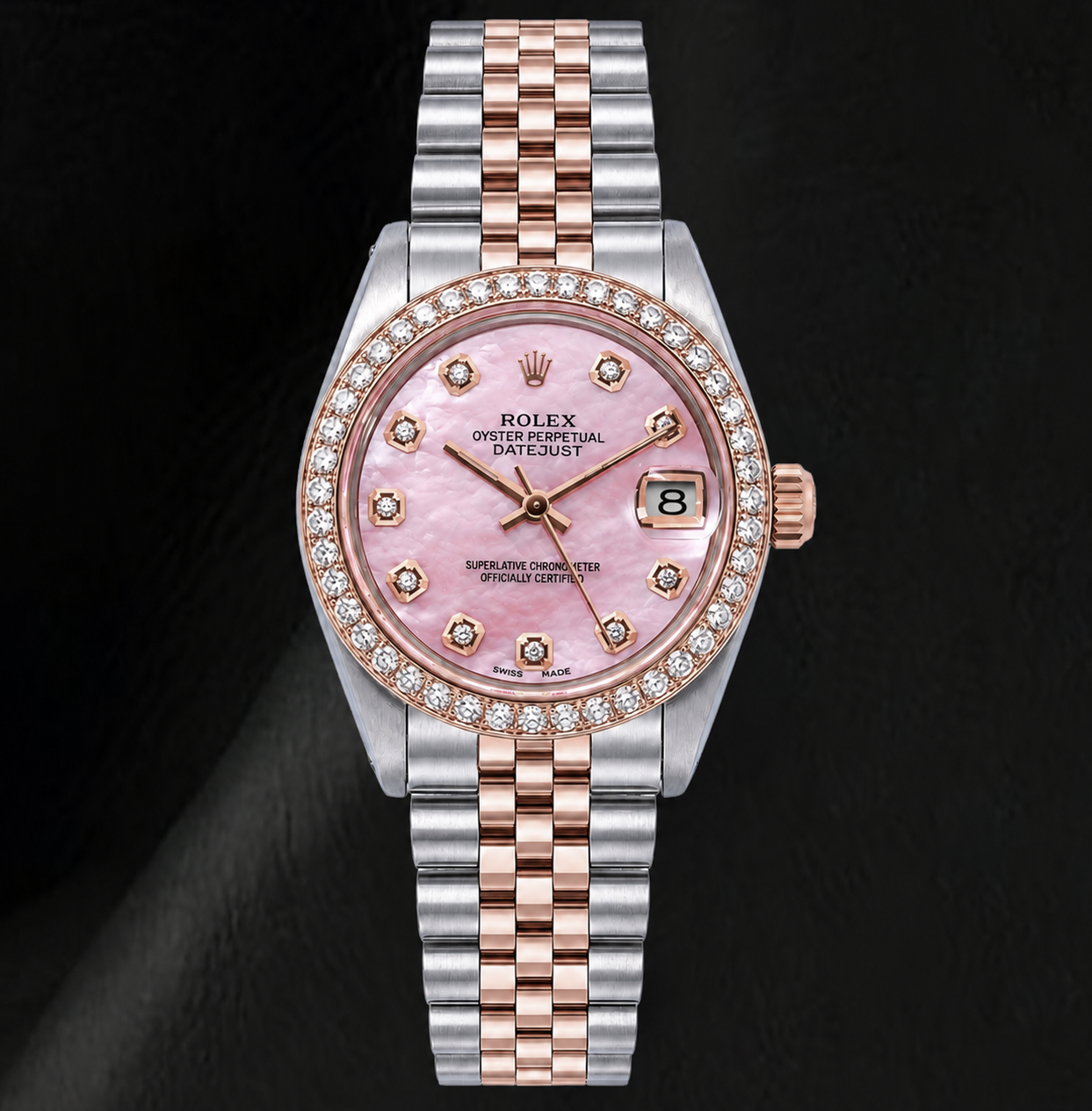 Rolex 31 mm Bicolor-Uhr mit rosa Perlmutt-Diamantzifferblatt