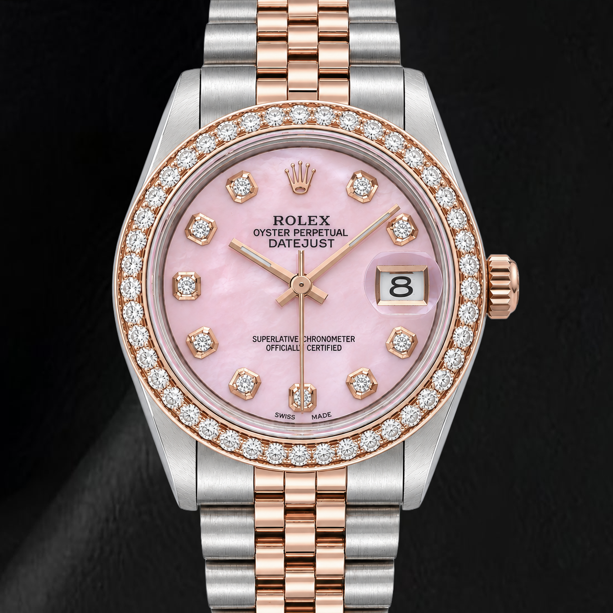 Rolex 31 mm Bicolor-Uhr mit rosa Perlmutt-Diamantzifferblatt