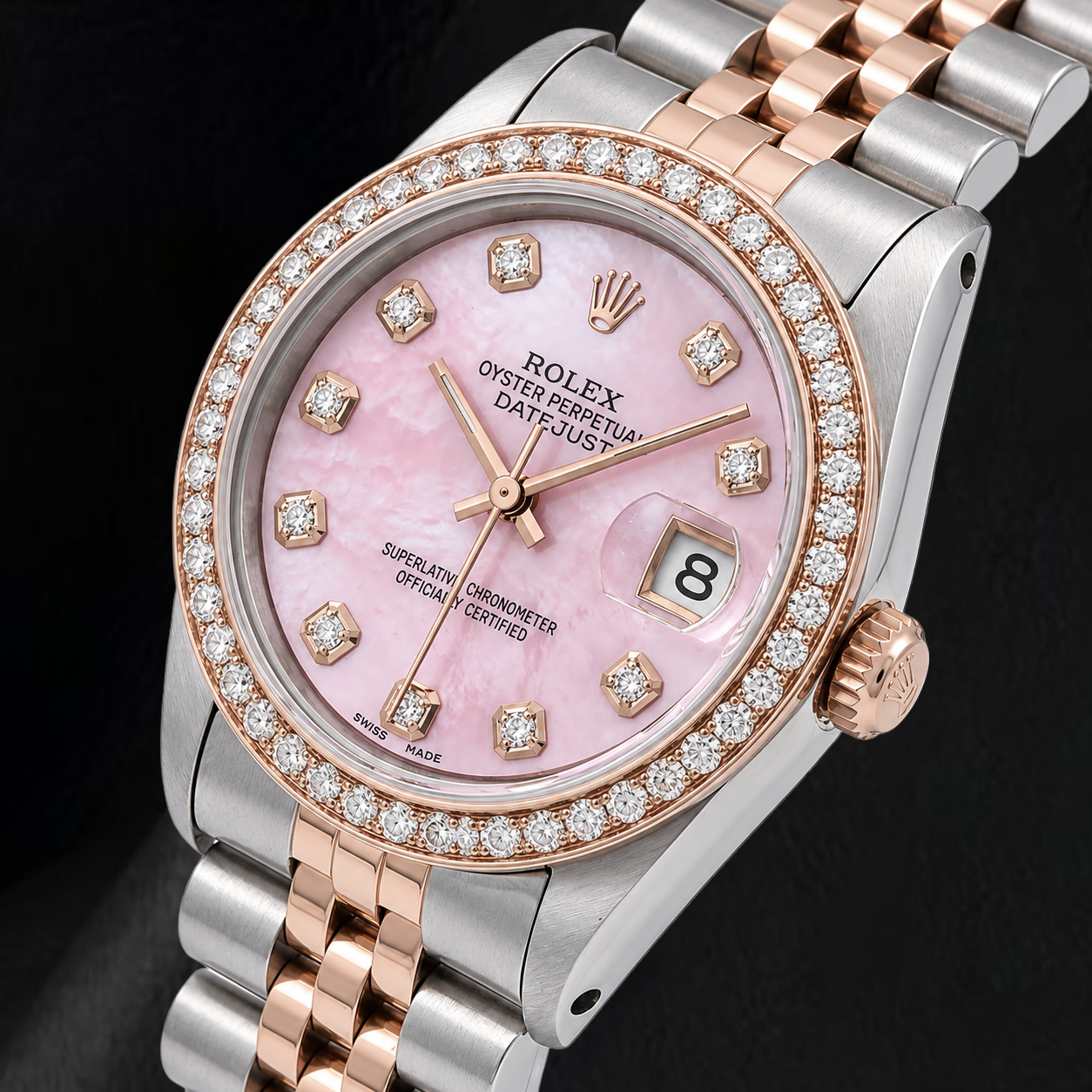Rolex 31 mm Bicolor-Uhr mit rosa Perlmutt-Diamantzifferblatt
