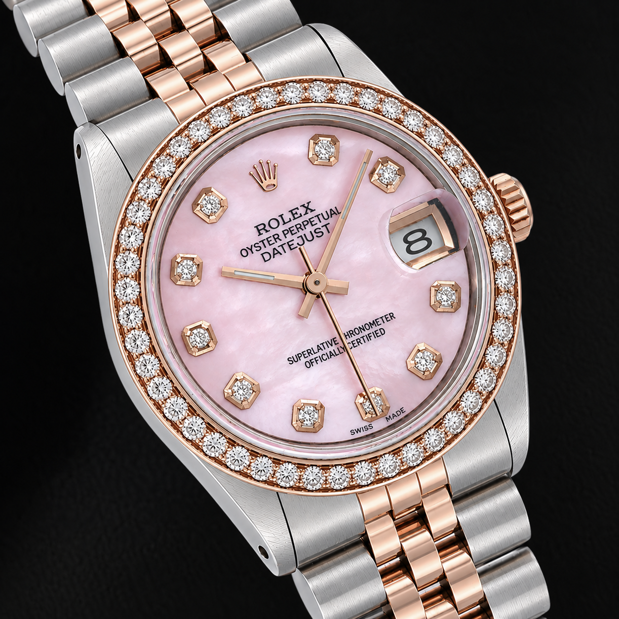 Rolex 31 mm Bicolor-Uhr mit rosa Perlmutt-Diamantzifferblatt