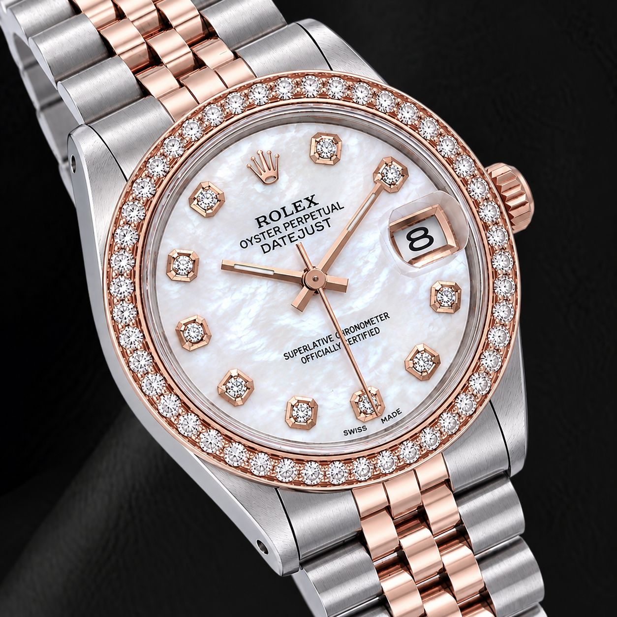 Rolex 31 mm Bicolor Uhr mit weißem Perlmutt-Diamantzifferblatt