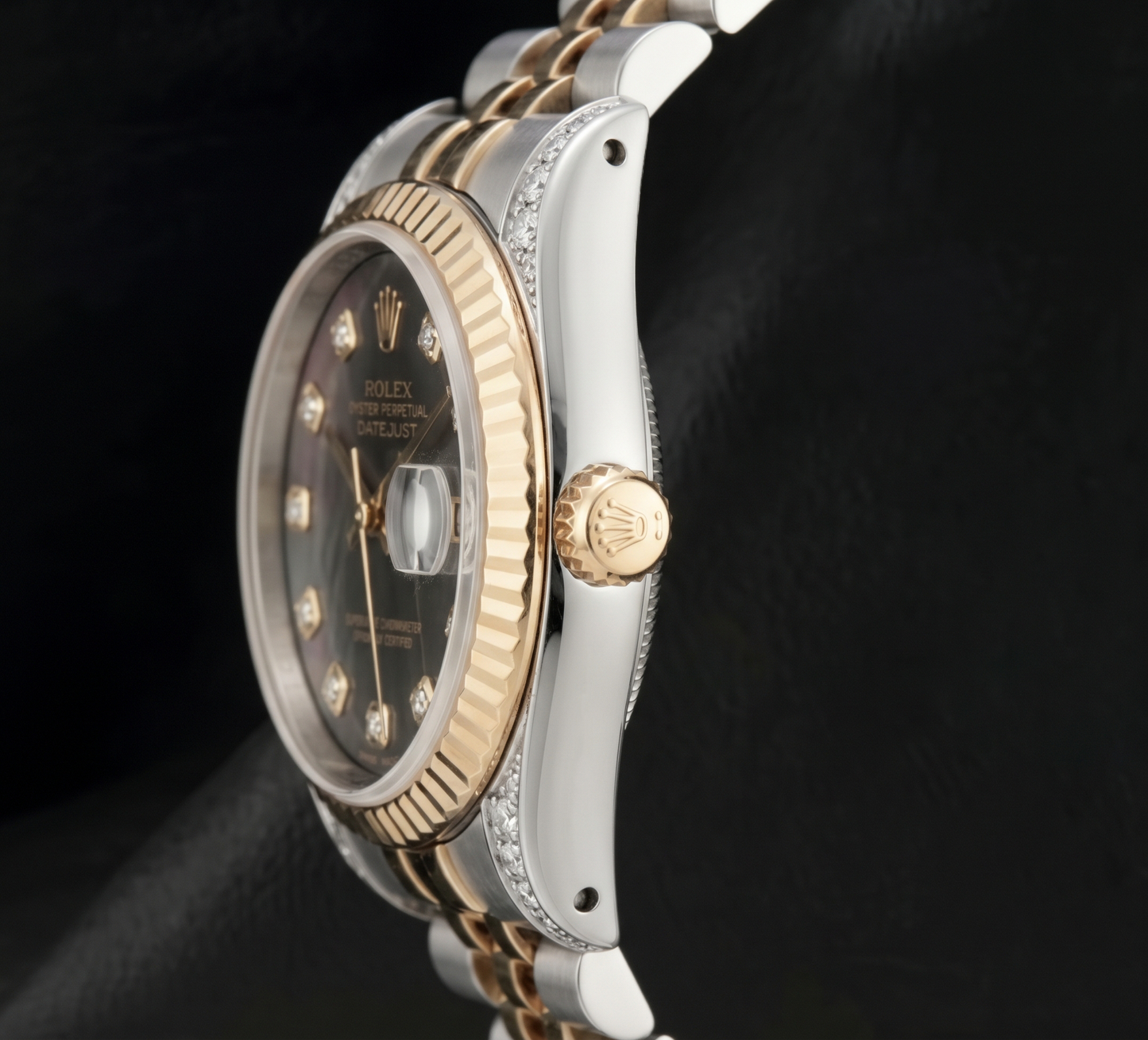 Rolex 36 mm 16013 Datejust Schwarzes Perlmutt-Diamantzifferblatt Geriffelte Lünette Bicolor Uhr