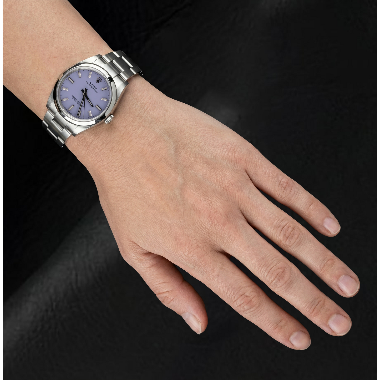 Rolex 36 mm Uhr aus Edelstahl mit lavendelfarbenem Zifferblatt und Leuchtzeigern