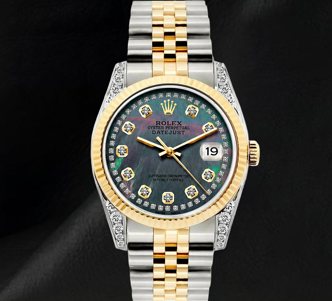Rolex 36 mm 16013 Datejust Schwarzes Perlmutt-Diamantzifferblatt Geriffelte Lünette Bicolor Uhr
