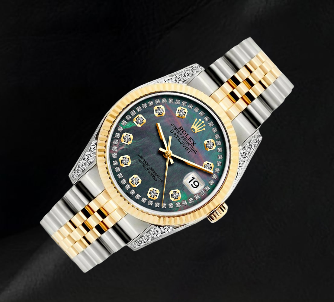 Rolex 36 mm 16013 Datejust Schwarzes Perlmutt-Diamantzifferblatt Geriffelte Lünette Bicolor Uhr