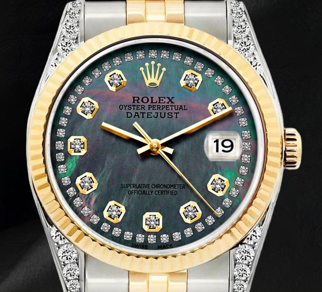 Rolex 36 mm 16013 Datejust Schwarzes Perlmutt-Diamantzifferblatt Geriffelte Lünette Bicolor Uhr