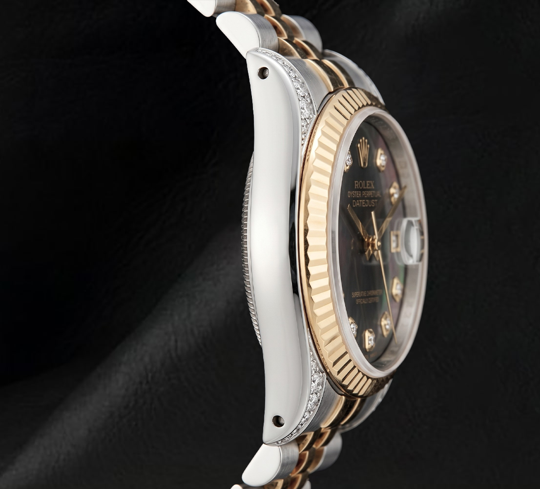 Rolex 36 mm 16013 Datejust Schwarzes Perlmutt-Diamantzifferblatt Geriffelte Lünette Bicolor Uhr