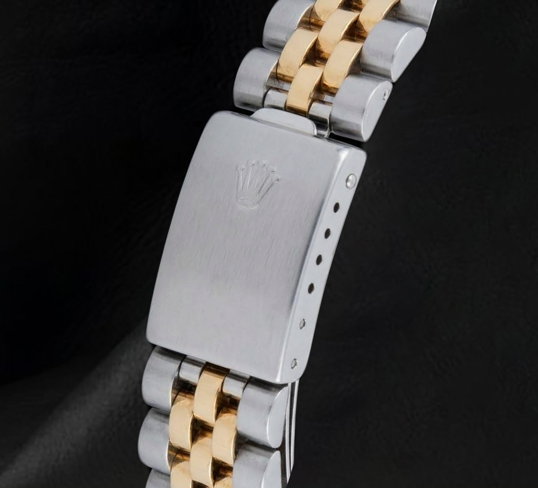 Rolex 36 mm 16013 Datejust Schwarzes Perlmutt-Diamantzifferblatt Geriffelte Lünette Bicolor Uhr