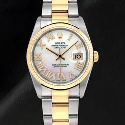 Rolex 36mm 16013 Datejust Bicolor Uhr mit weißem Perlmutt-Diamantzifferblatt und römischen Ziffern