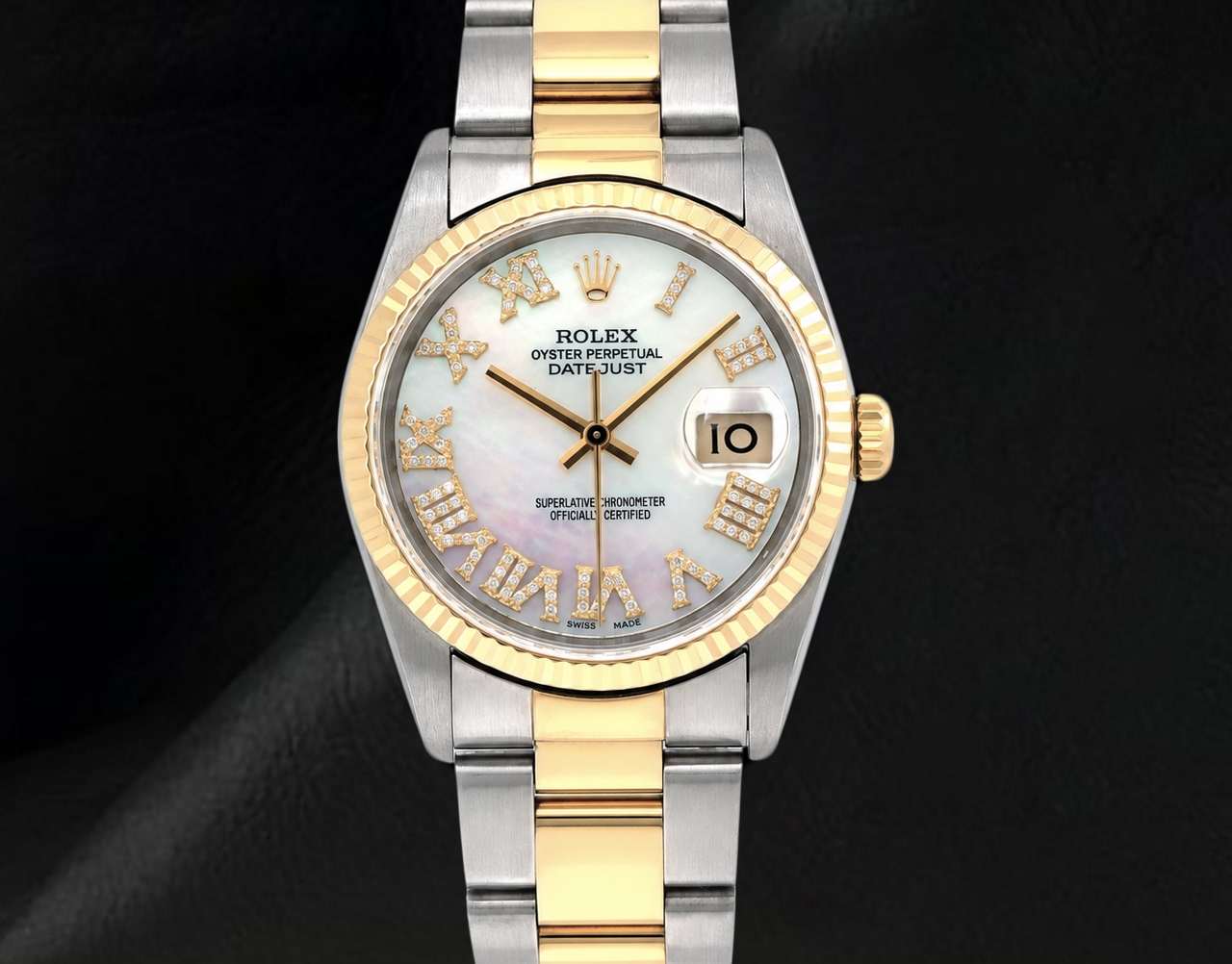Rolex 36mm 16013 Datejust Bicolor Uhr mit weißem Perlmutt-Diamantzifferblatt und römischen Ziffern
