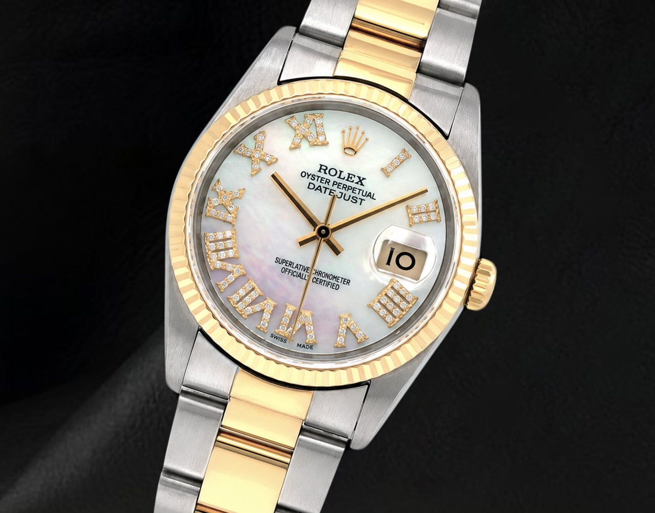 Rolex 36mm 16013 Datejust Bicolor Uhr mit weißem Perlmutt-Diamantzifferblatt und römischen Ziffern
