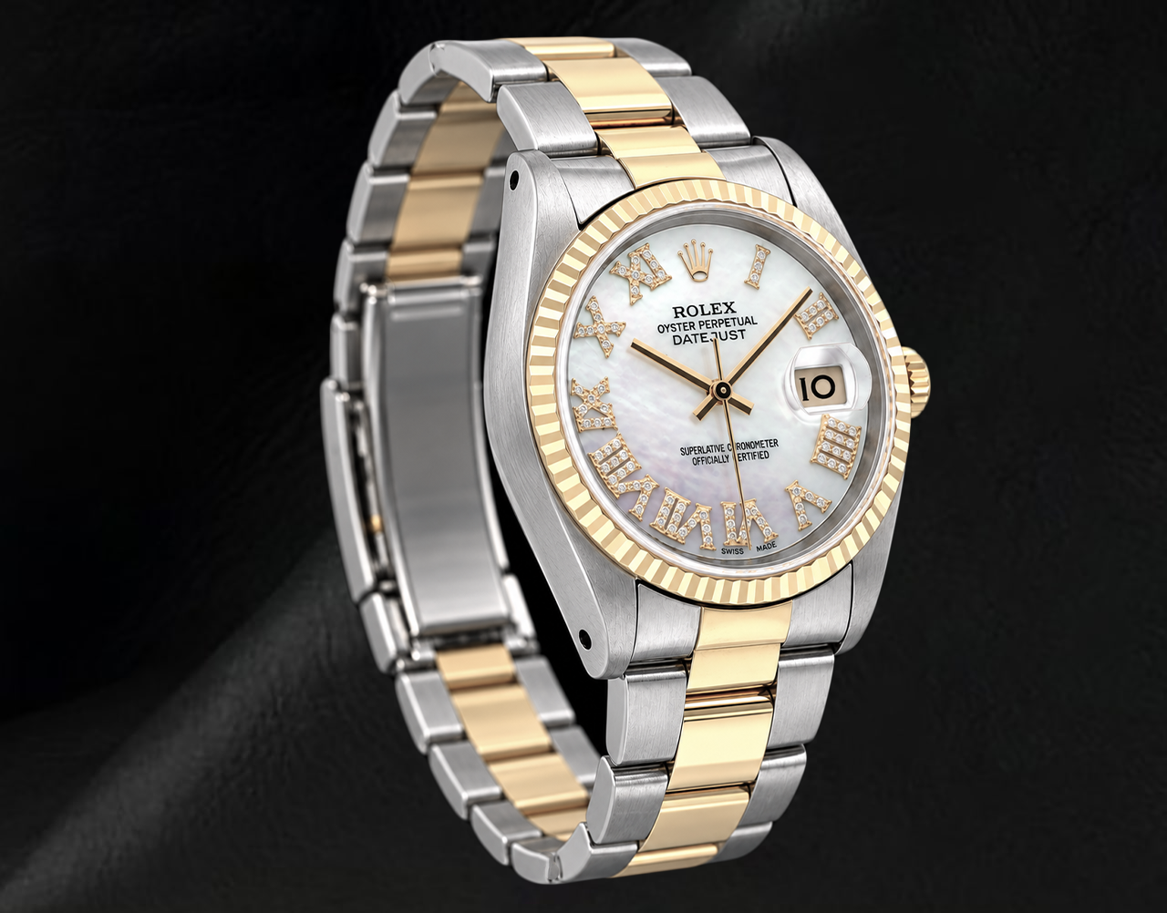 Rolex 36mm 16013 Datejust Bicolor Uhr mit weißem Perlmutt-Diamantzifferblatt und römischen Ziffern