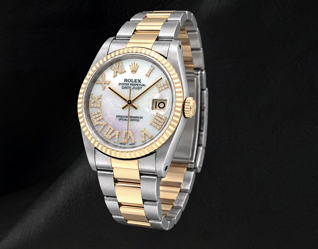 Rolex 36mm 16013 Datejust Bicolor Uhr mit weißem Perlmutt-Diamantzifferblatt und römischen Ziffern