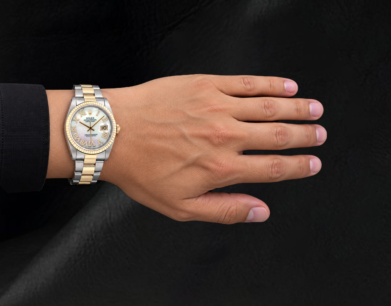 Rolex 36mm 16013 Datejust Bicolor Uhr mit weißem Perlmutt-Diamantzifferblatt und römischen Ziffern