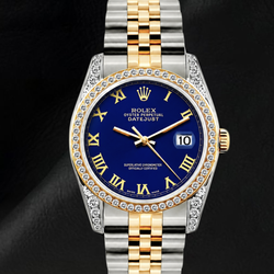 Rolex Datejust 16013 36 mm Bicolor-Uhr, blaues Zifferblatt mit römischen Ziffern, Jubilé-Armband