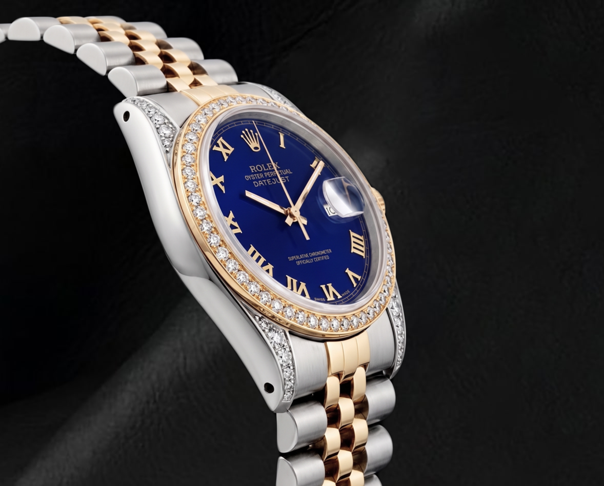 Rolex Datejust 16013 36 mm Bicolor-Uhr, blaues Zifferblatt mit römischen Ziffern, Jubilé-Armband