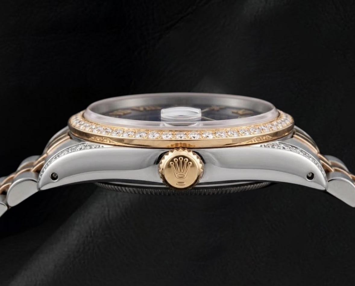 Rolex Datejust 16013 36 mm Bicolor-Uhr, blaues Zifferblatt mit römischen Ziffern, Jubilé-Armband