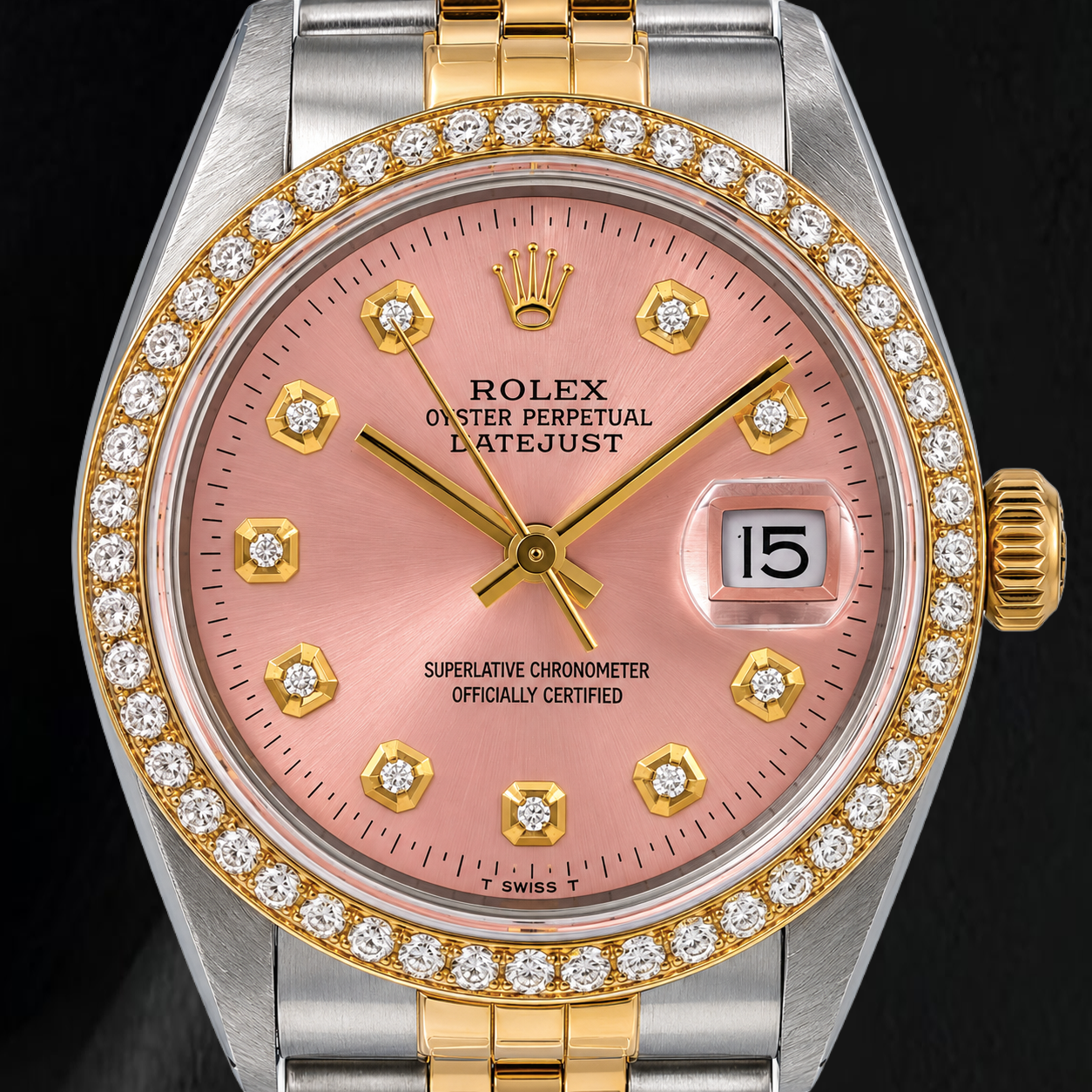 Rolex 36 mm Datejust 16013 Bicolor Uhr Rosa Diamantzifferblatt
