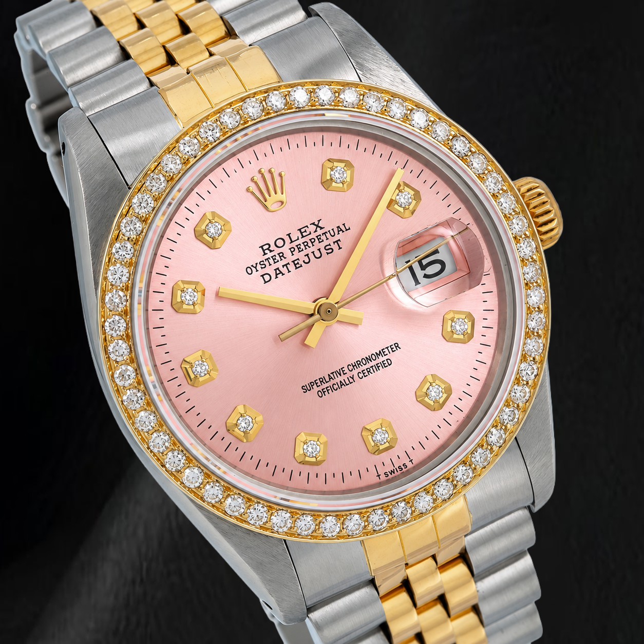 Rolex 36 mm Datejust 16013 Bicolor Uhr Rosa Diamantzifferblatt