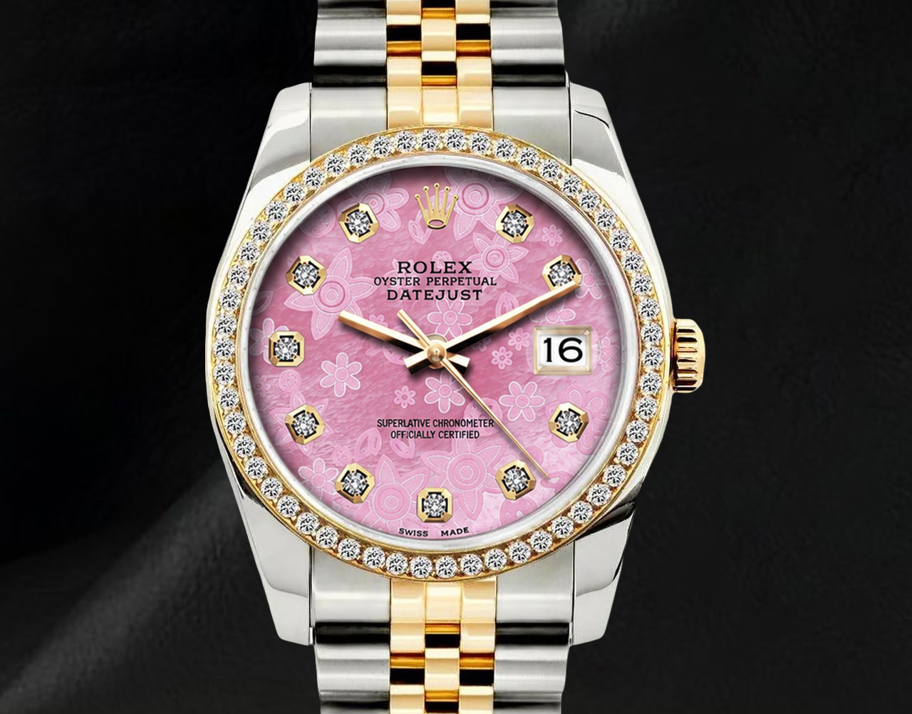 Rolex 36 mm Datejust 16013 Bicolor Uhr mit rosa floralem Diamantzifferblatt