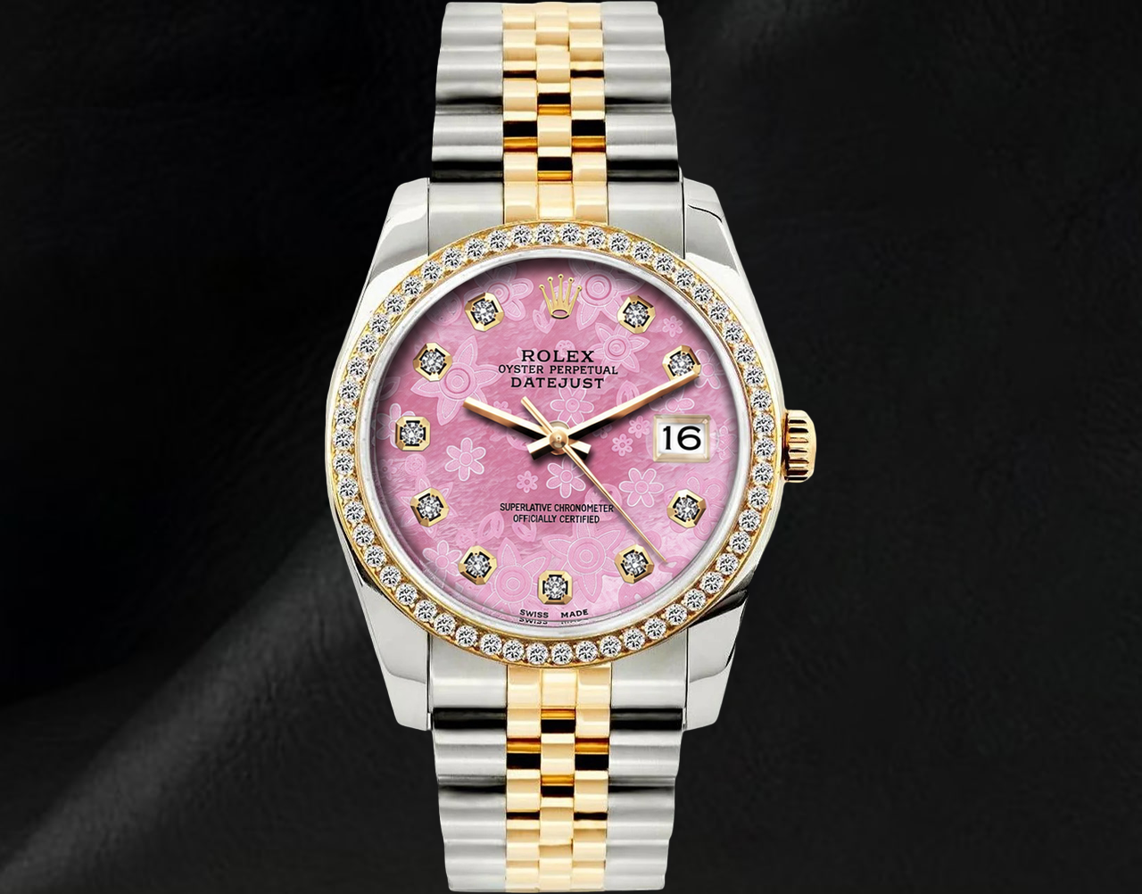 Rolex 36 mm Datejust 16013 Bicolor Uhr mit rosa floralem Diamantzifferblatt