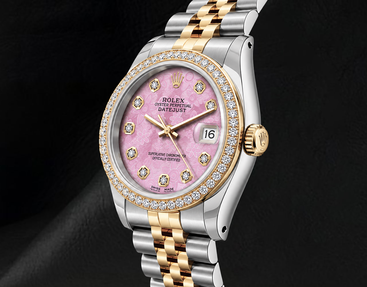 Rolex 36 mm Datejust 16013 Bicolor Uhr mit rosa floralem Diamantzifferblatt